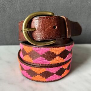 Hollister Aztec Pattern Brown Leather Belt Orange Pink - Women's Size XS/S